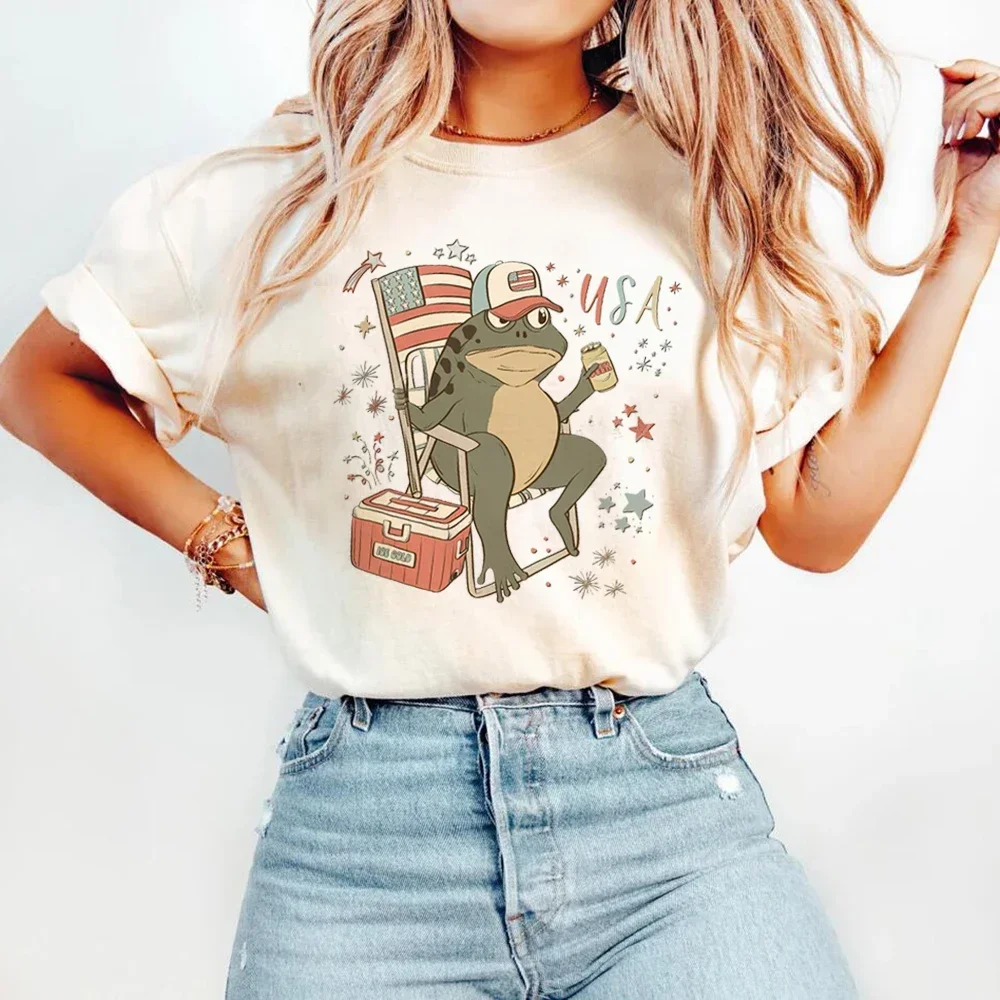 

Футболка с забавным принтом 4 июля, свободная винтажная Повседневная Универсальная футболка с рисунком лягушки из мультфильма, унисекс, подарок на одежду.