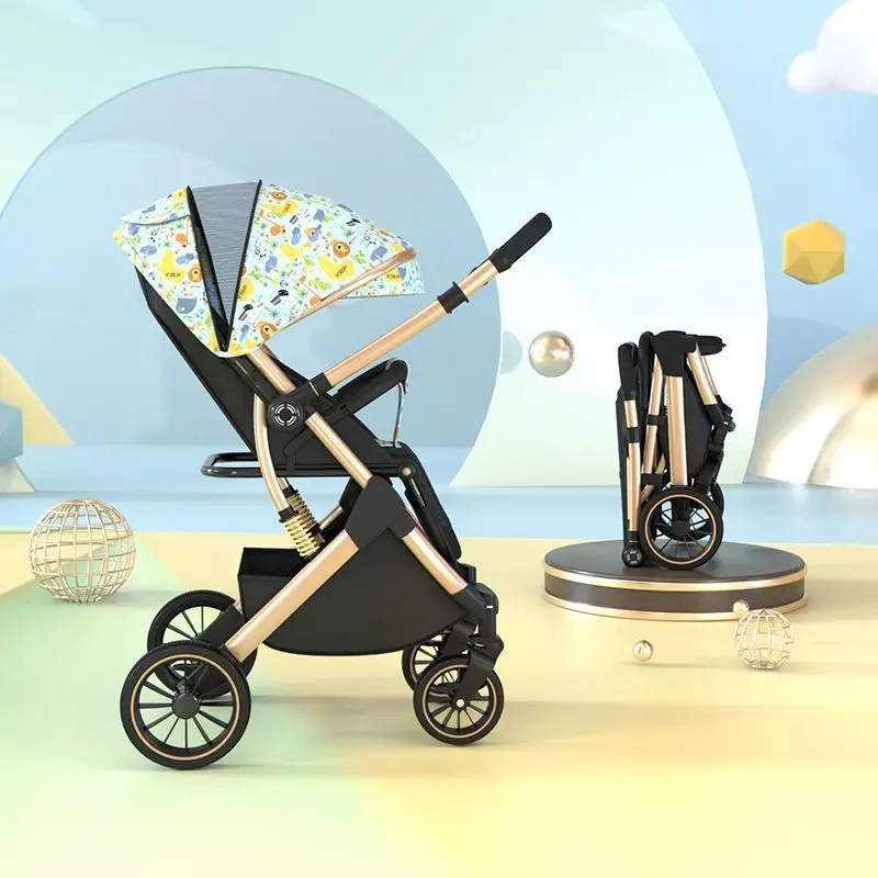 

Lightweight reversible baby stroller high landscape foldable infant pushchair with reclining seat four wheel shock absorption