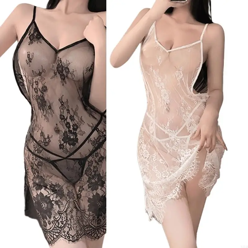 

N5KB Women Lace Lingerie Nightdress Bodydoll with Panty Sheer Lace Nighdress with Thong Suspender Nightgown