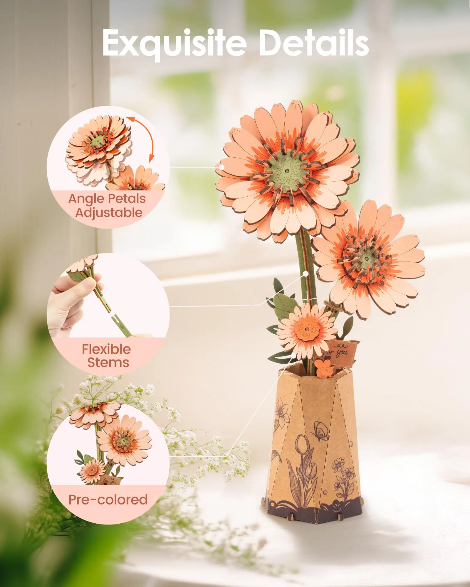Robotime Rowood DIY 3D Wooden Puzzle for Women Family Home Decoration Building Block Kits Christmas Gifts Sakura Gerbera Daisy