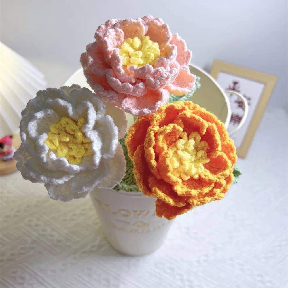 Handmade Crochet Peony Bouquet Simulation Flower Gradient Color Hand-woven Peony Wool Woven Flowere Artificial Flower