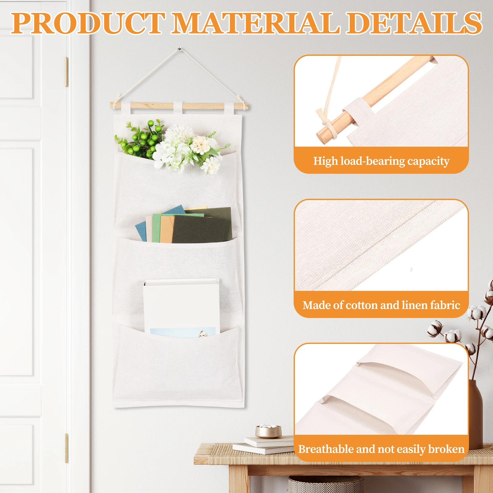 2 قطعة حقيبة تخزين فوق الباب من القطن والكتان حقيبة تخزين معلقة على الحائط مع 3 جيوب منظم تعليق خزانة ملابس متعدد الوظائف