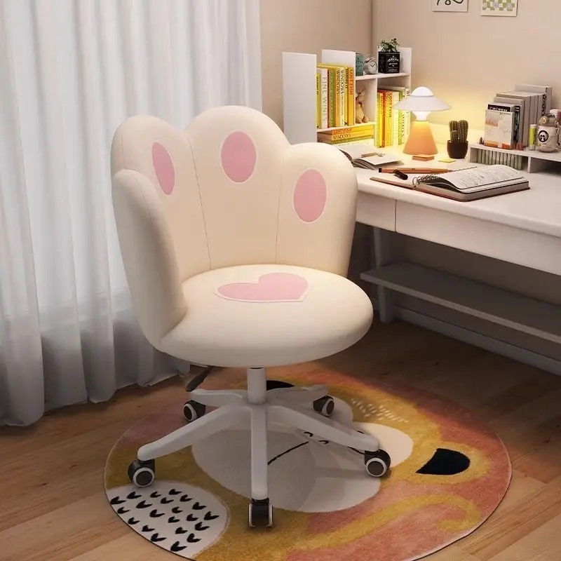 Cute White PU Leather Rabbit Ear Office Chair Swivel Rolling Height Adjustable Bow Pillow Pink Heart For Home Study Vanity