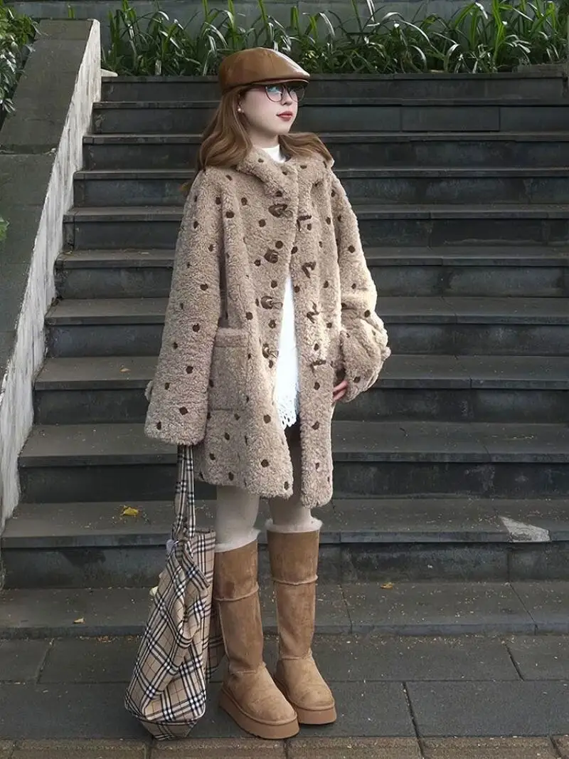 

Women's Clothing Winter Coat Retro Color Block Polka Dot Fleece Jacket Plus Size Women Loose Hooded Mid Long Coat Casual Wear