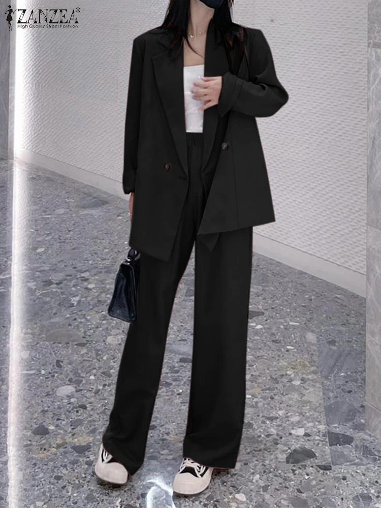 

ZANZEA Женский черный пиджак, элегантный пиджак с лацканами и длинными рукавами, брюки с эластичной резинкой на талии, комплекты из двух предметов, офисная одежда, наряд