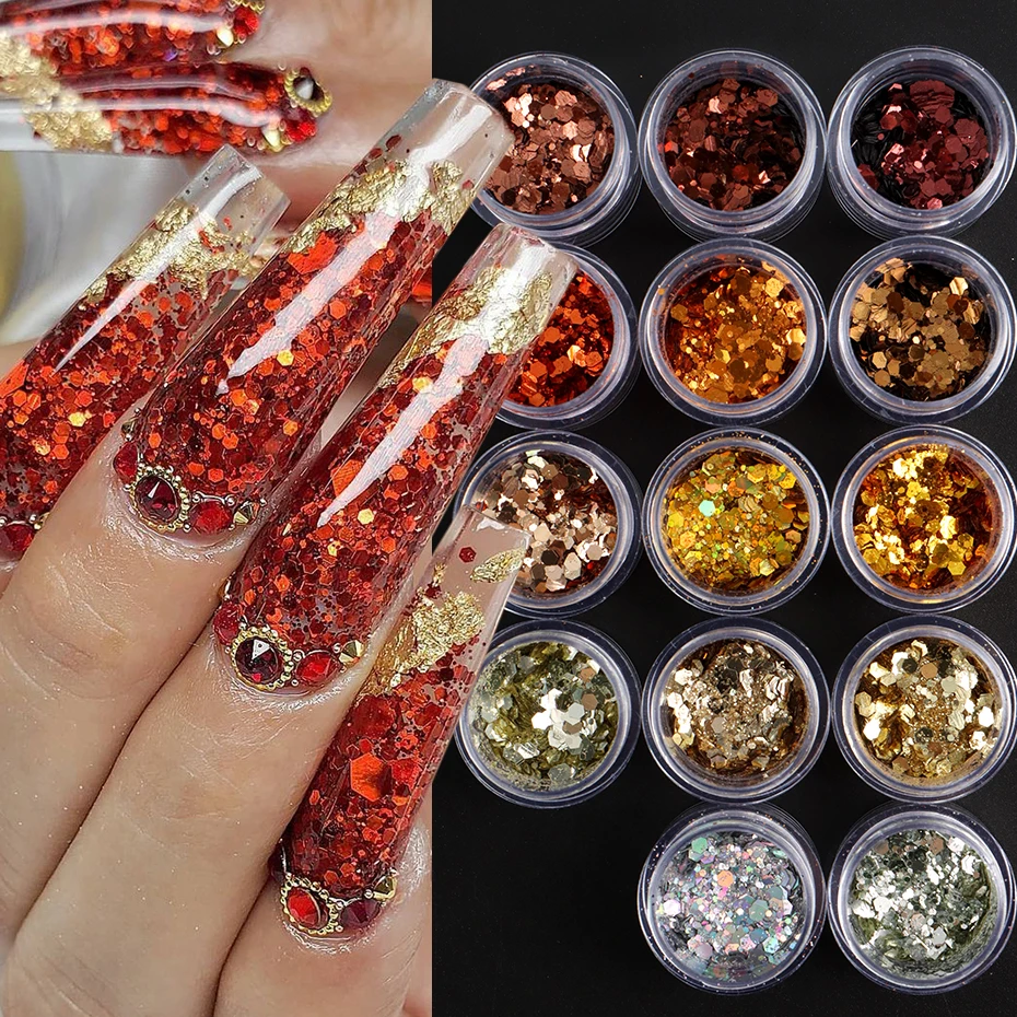 14 Uds. Lentejuelas holográficas con purpurina para uñas, copos de uñas rojos dorados con láser hexagonal grueso para impresionantes manicura y manualidades DIY