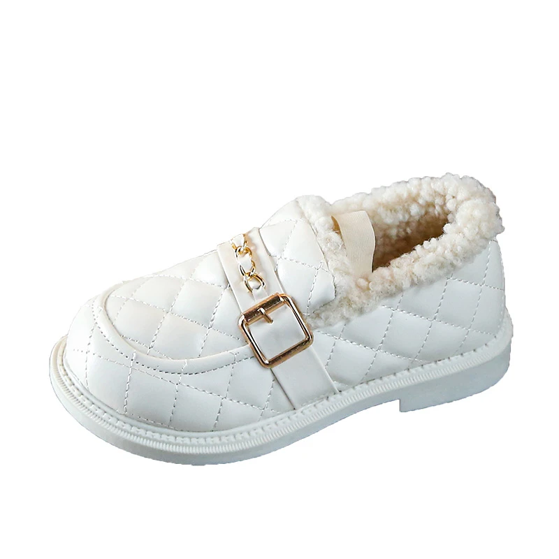 Zapatos de cuero de moda para niños y niñas, zapatos casuales versátiles, cálidos, de algodón, con plataforma Simple, mocasines sin cordones de Color sólido