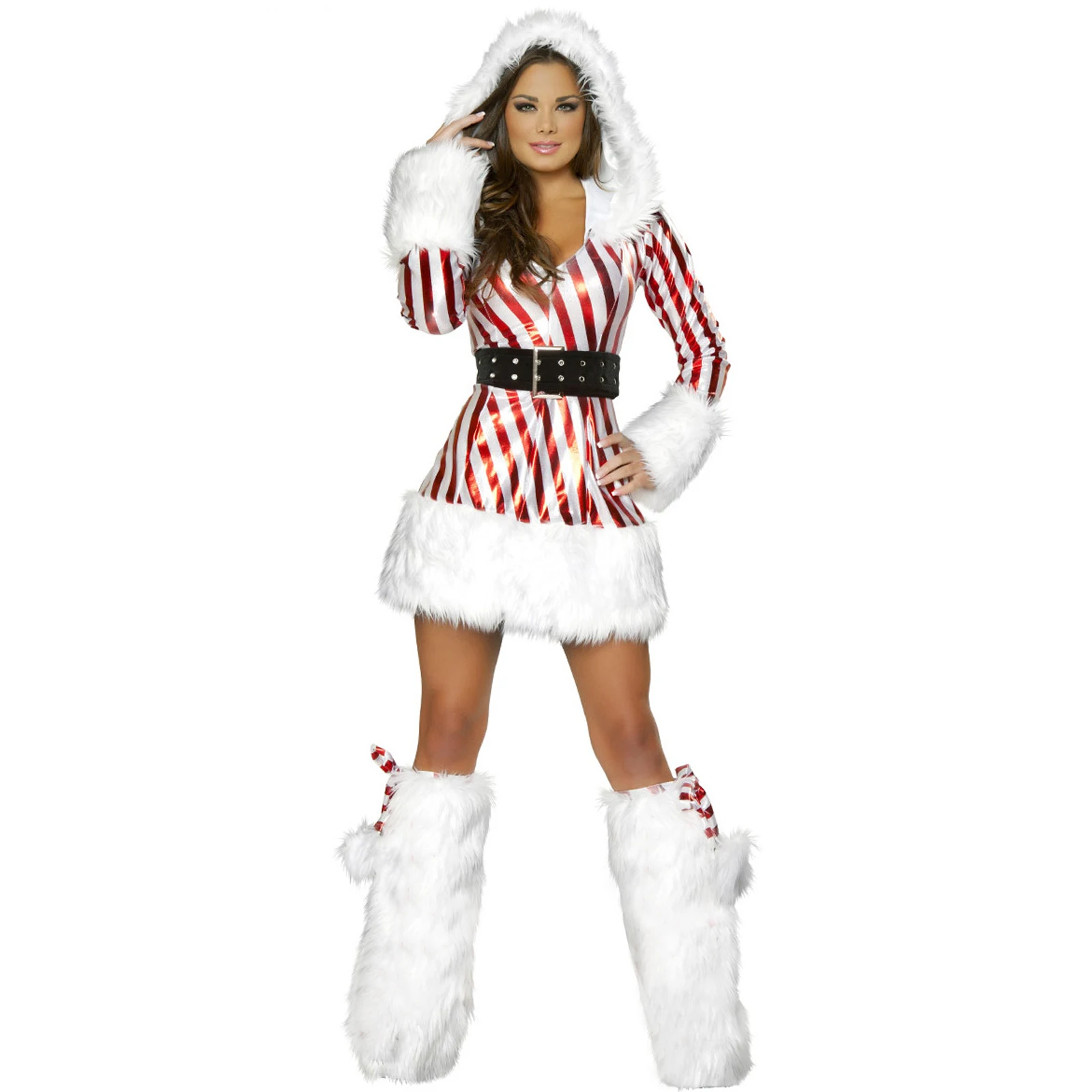 Women Christmas Mini Dress Set, Long Sleeve Hooded Striped Patchwork Dress + Belt + Leg Warmers