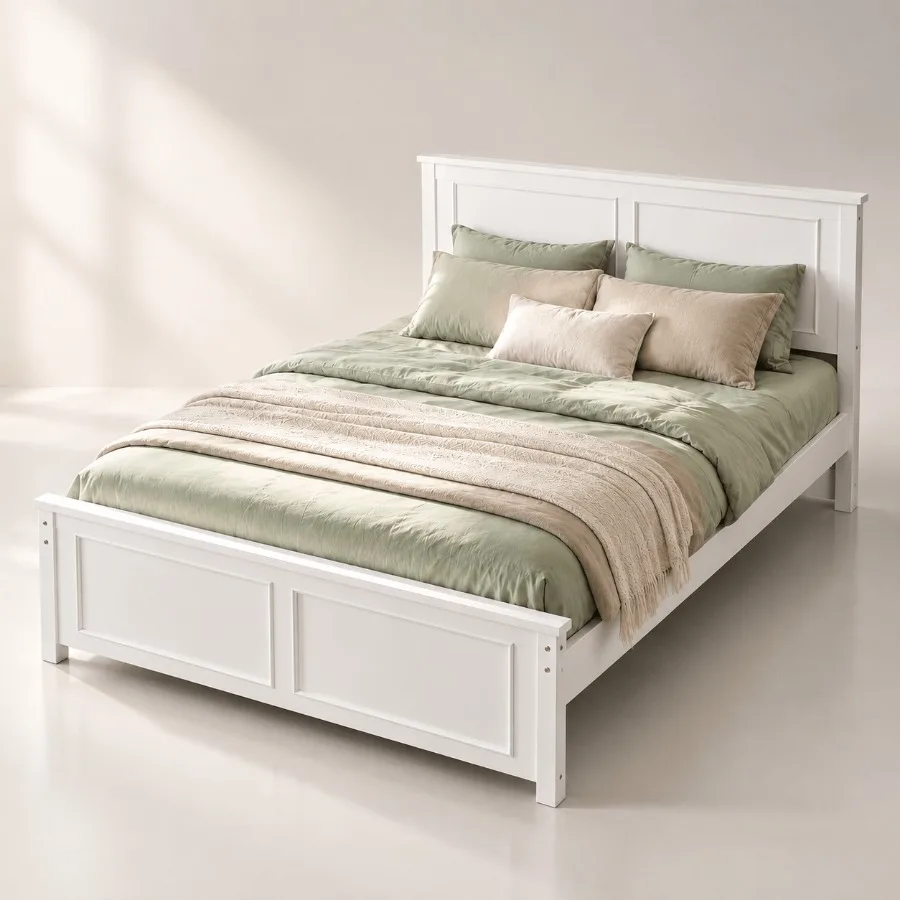 Full Size Wood Platform Bed Frame for Bedroom Use, Natural Wood Finish, Sturdy Solid Wood Construction with Integrated Headboar