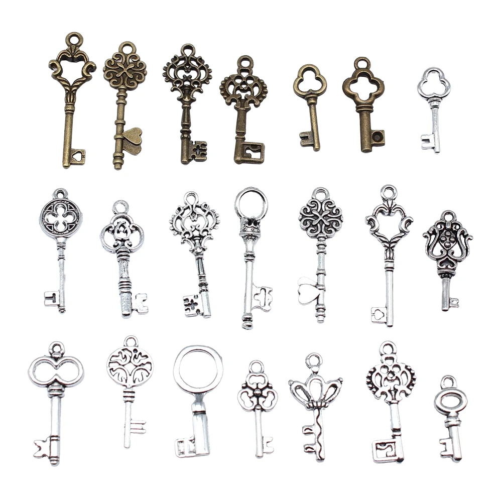 10pcs Antique Bronze Silver Color Pendants DIY Crafts Making Findings Handmade Tibetan Jewelry Key Charms For Jewelry Making