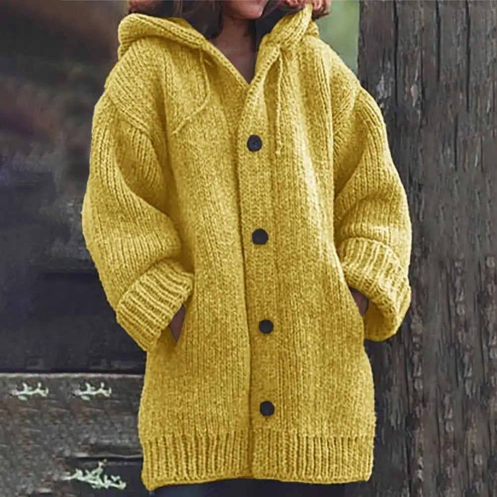Mid-length Cardigan Women Hooded Sweater Coat Women’s Hooded Sweater Coat Mid-length Knitting Outwear Long Sleeve Drawstring