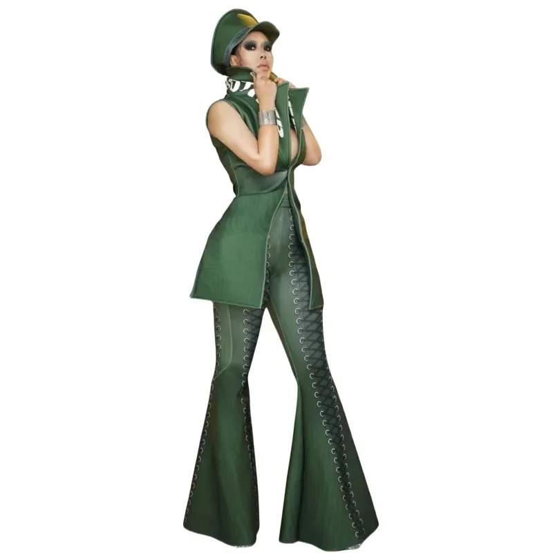 セクシーな女性歌手バーステージ衣装タイトなフレアパンツノースリーブジャケットセットフェスティバルパーティーパフォーマンス服