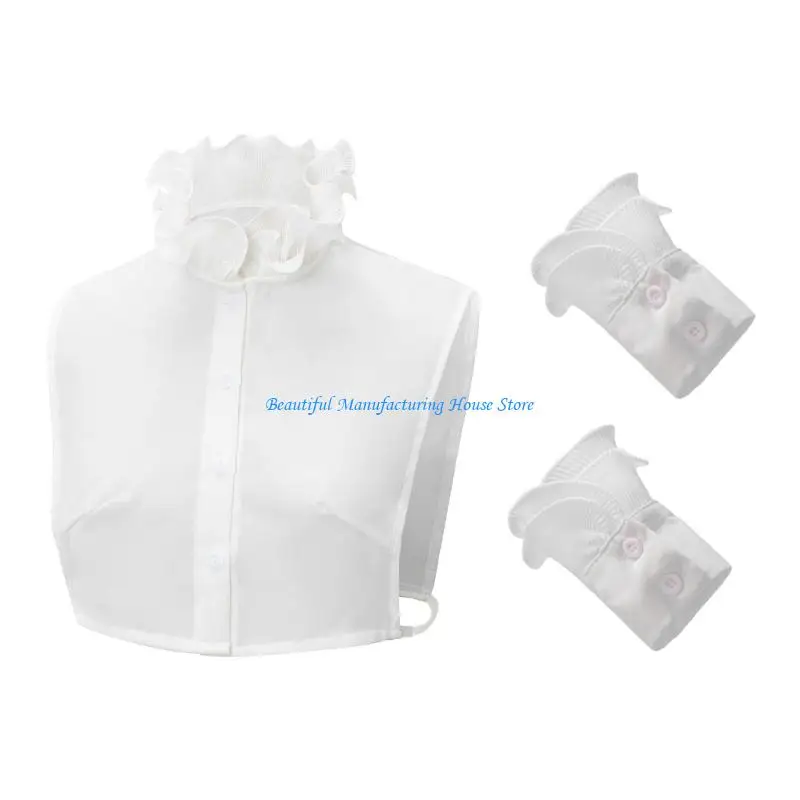 E56A Fashion Detachable Ruffle V Neck Sweater Collar Insert Half Shirt Includes 2 Wrist Cuffs Fake Sleeves Set for Women
