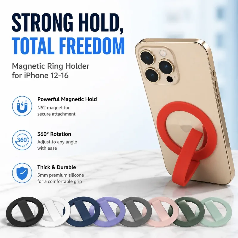 

Liquid Silicone Magnetic Ring Holder for iPhone 12-16, MagSafe Compatible Finger Grip, 360° Rotation, N52 Magnet, 5mm Thick