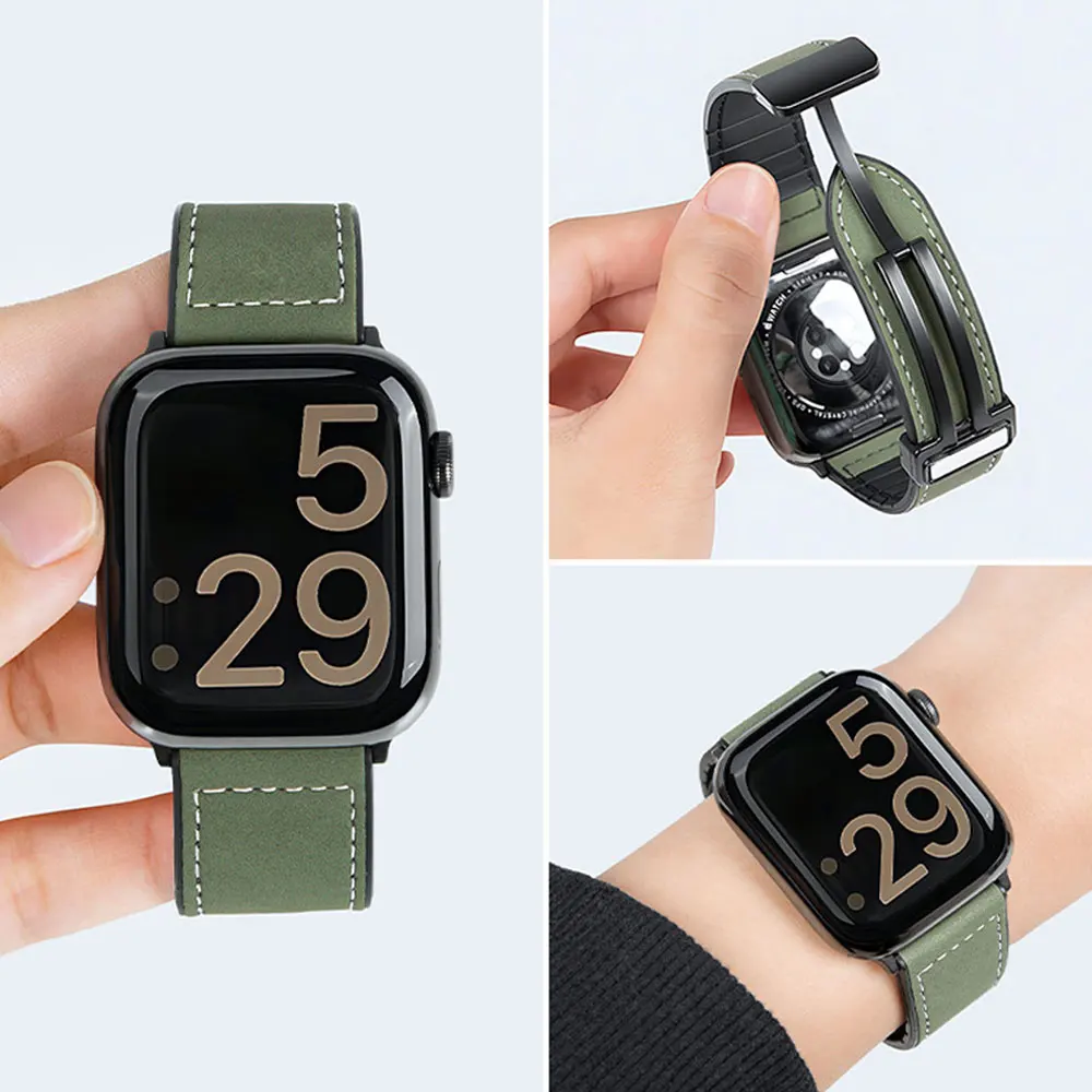 

Leather Strap For Apple Watch 46mm 42mm Ultra 49mm 44/45mm Magnetic Bracelet For iWatch 10 9 8 Se 38mm 40/41mm Vintage Watchband