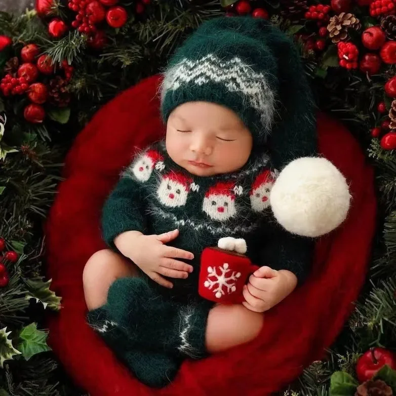 Christmas Baby Clothing Newborn Boy Girl Photography Santa Claus Costumes Sets Green Knitted Romper