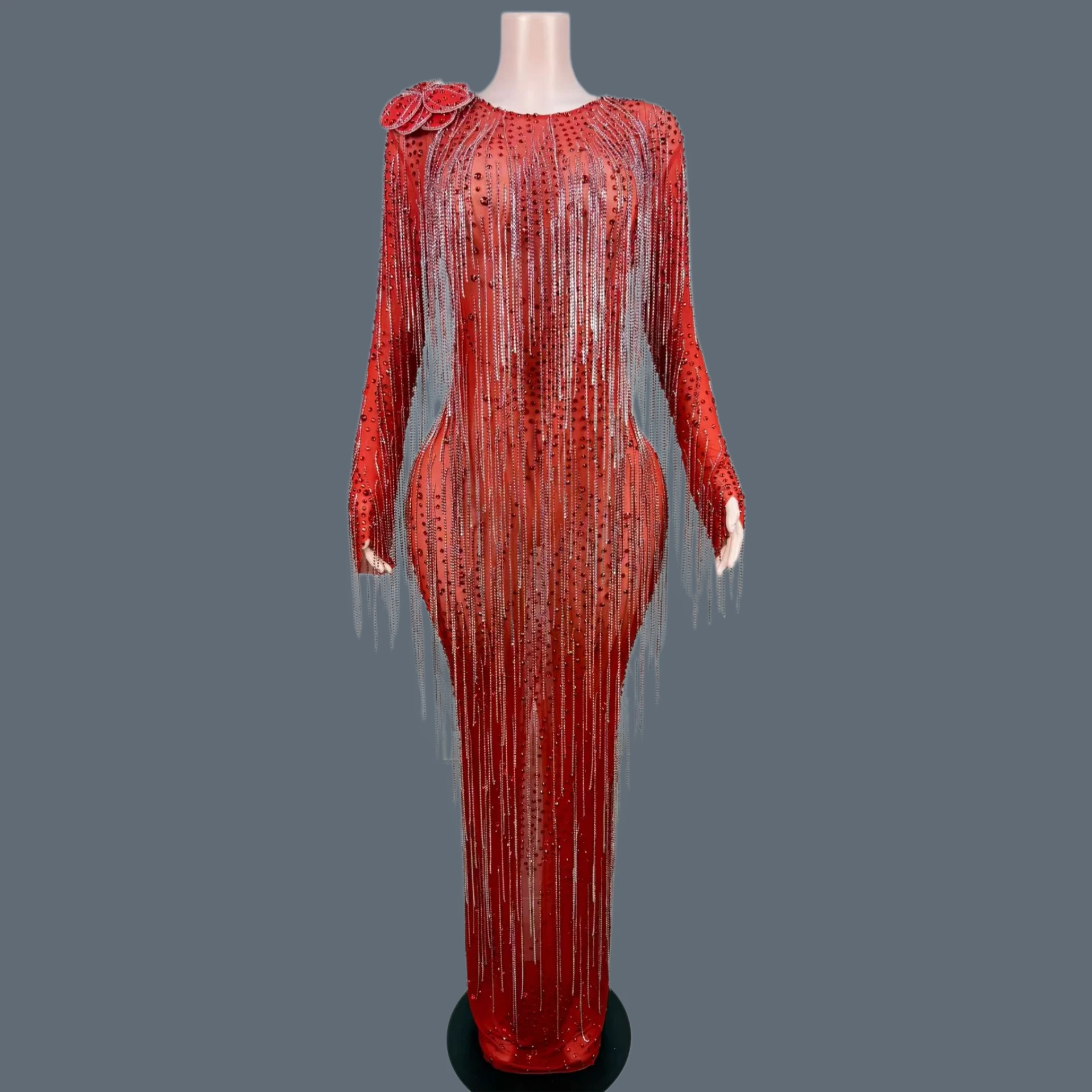 

Sparkly Rhinestone Mesh Maxi Dress Round Neck Long Sleeve Silver Chain Fringe 3D Floral Shoulder Stage Show Evening Gown Hongdou