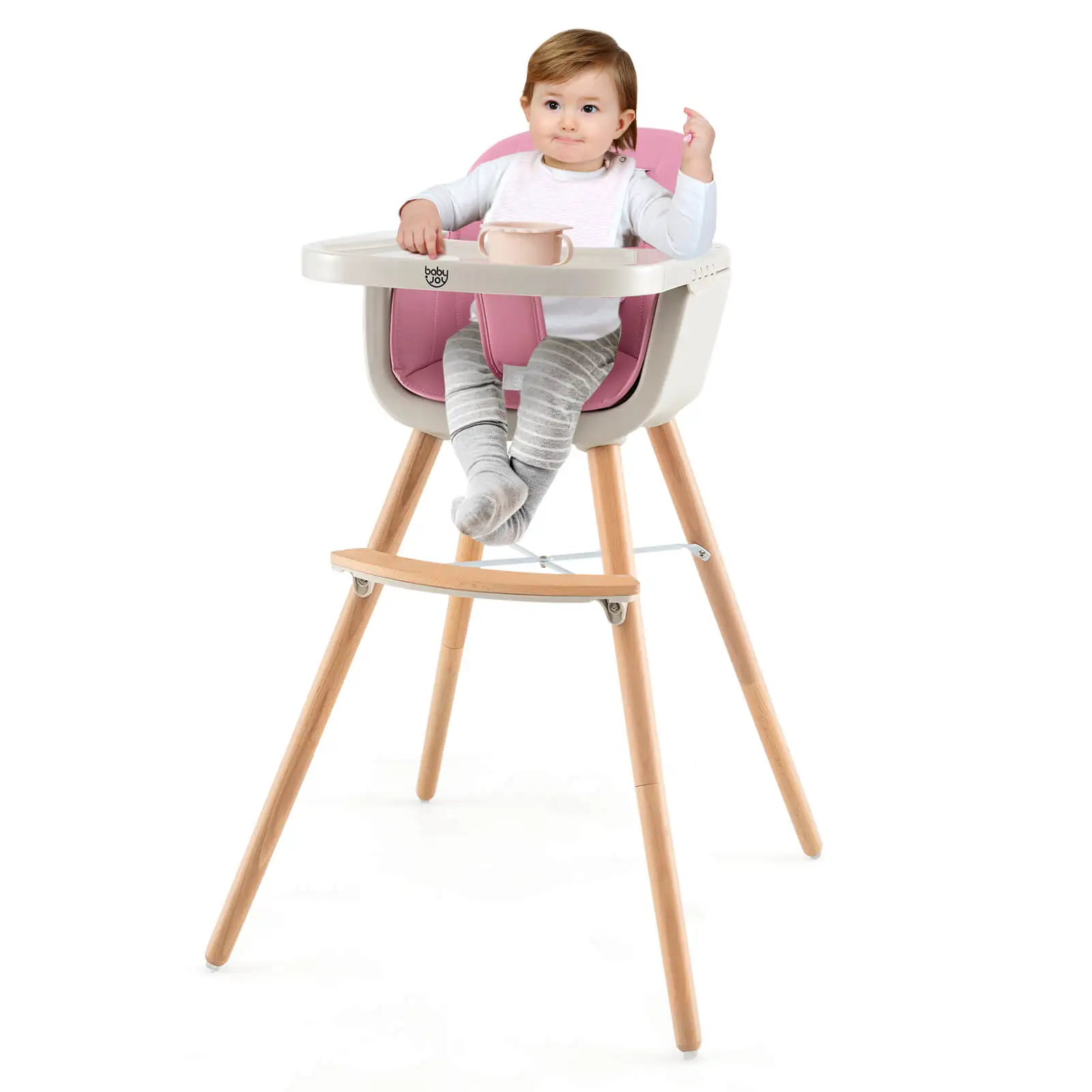 Babyjoy 3 in 1 Convertible Wooden High Chair Baby Toddler w/ Cushion Pink