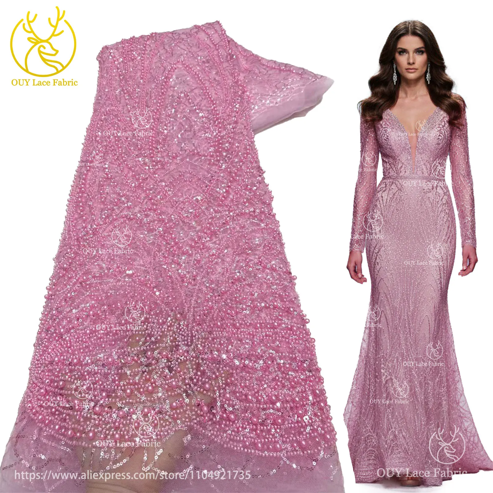 

Beautiful Fashion African Nigerian Beaded Lace Fabric 2025 Pink French Sequin Lace Fabric for Sewing Wedding and Party Dresses