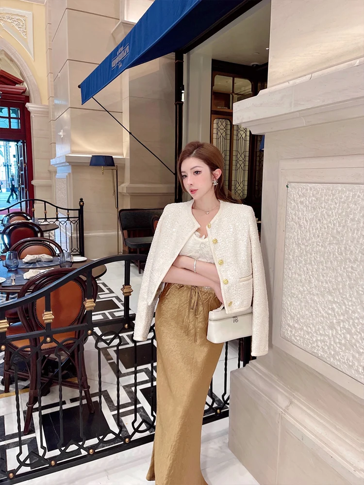 

JUNSTUDIO Женское осеннее пальто с пайетками Romantic Floating World, с широким поясом, длинными рукавами, однотонное, для повседневной носки