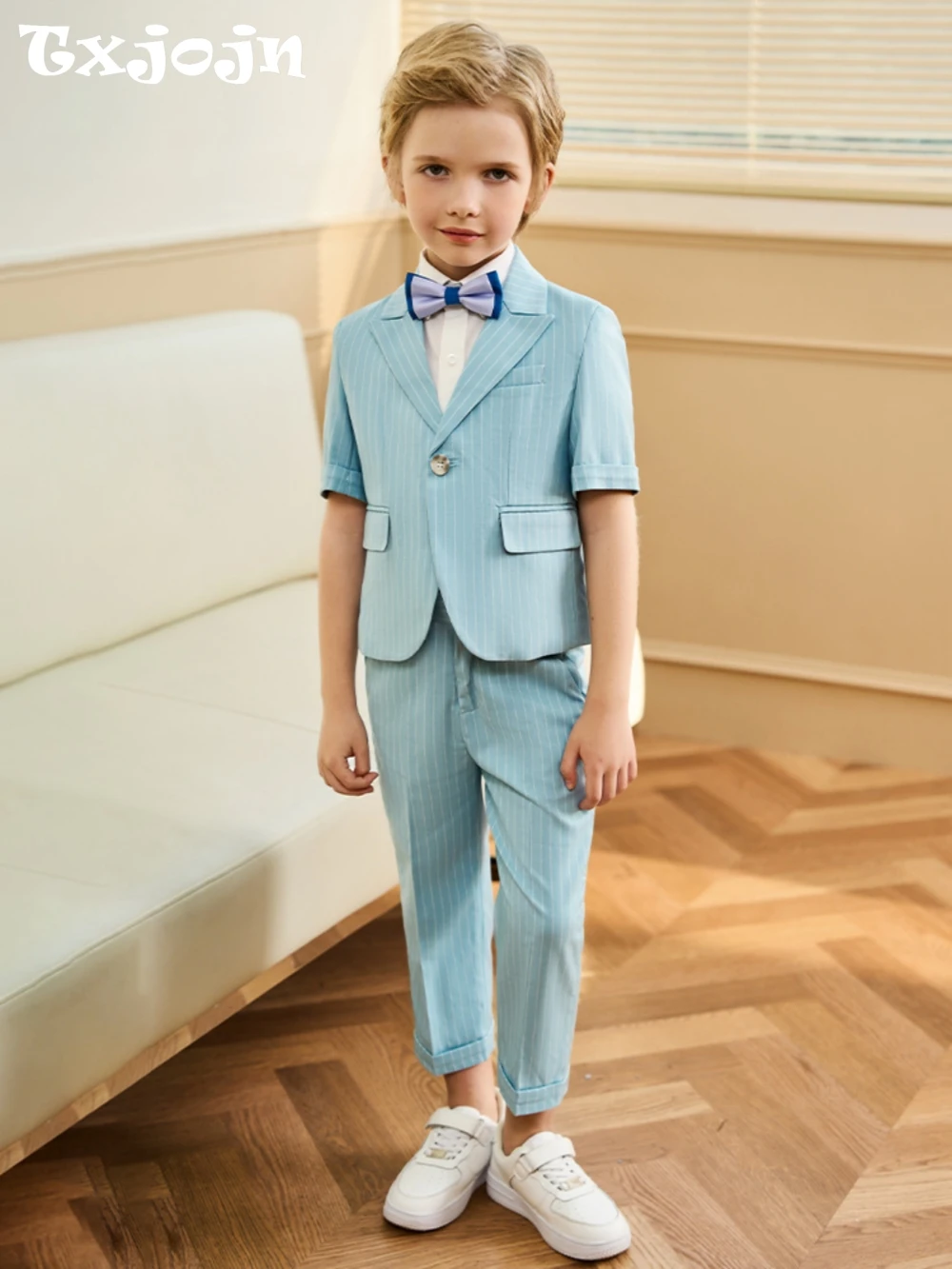

Classic Formal Boys Striped Suit Set 3 Pieces Jacket Pants Bow-tie Wedding Guest Outfit Summer Kids Tuxedo Stage Performance