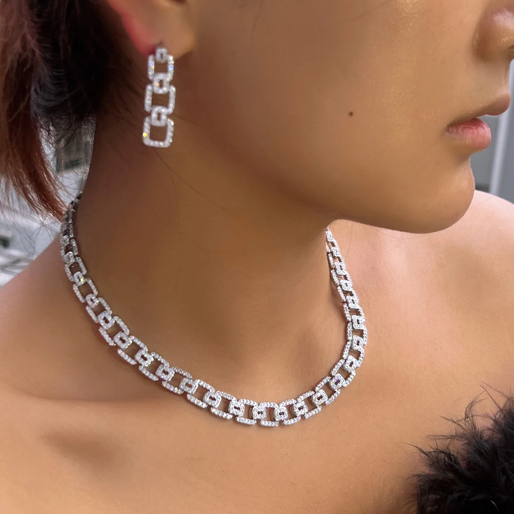 CWWZircons Fashion Micro Pave Cubic Zirconia Cuban Chain Link Engagement Wedding Necklace Earrings Jewelry Sets for Women T0944