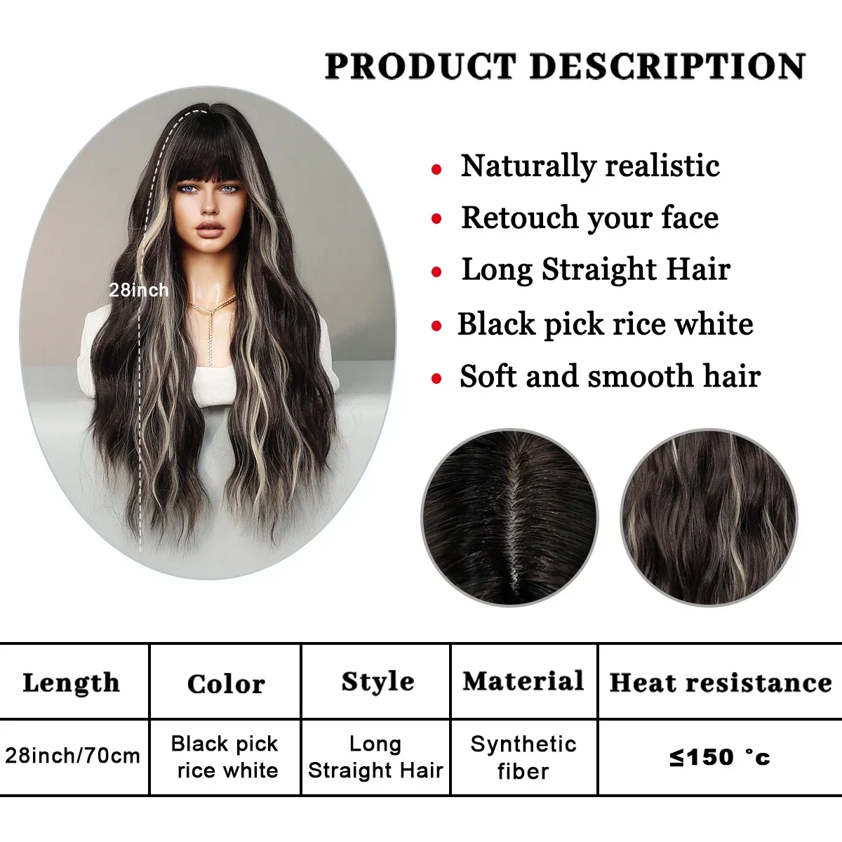 PARK YUN Long Black Wavy Highlight White Wig With Bangs For Women Daily Party High Density Hair Ombre Wigs Heat Resistant Fiber