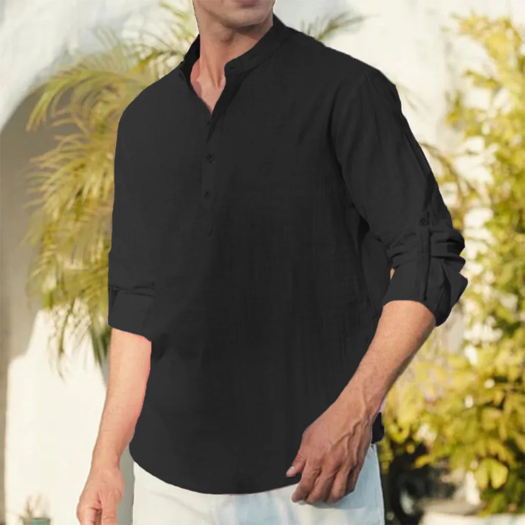 Men's Solid Color Cotton Linen Henley Neck Shirt Breathable Lightweight Beach Style Loose Fit Long Sleeve Casual Top with Sleeve Tab