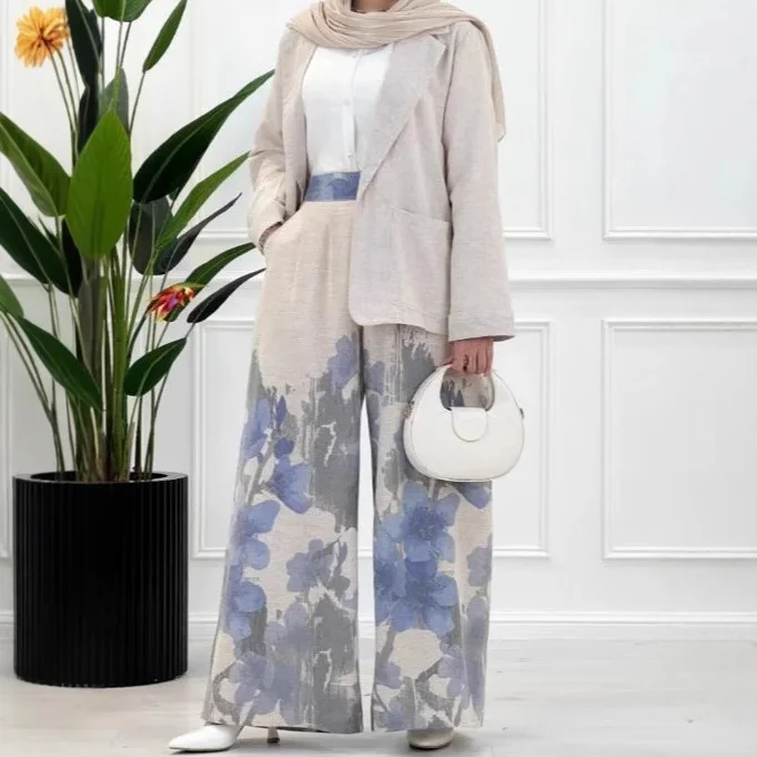 

2025 Women's Fashion Autumn Winter Digital Print Wide-Leg Pants + Long Sleeve Pocket Blazer