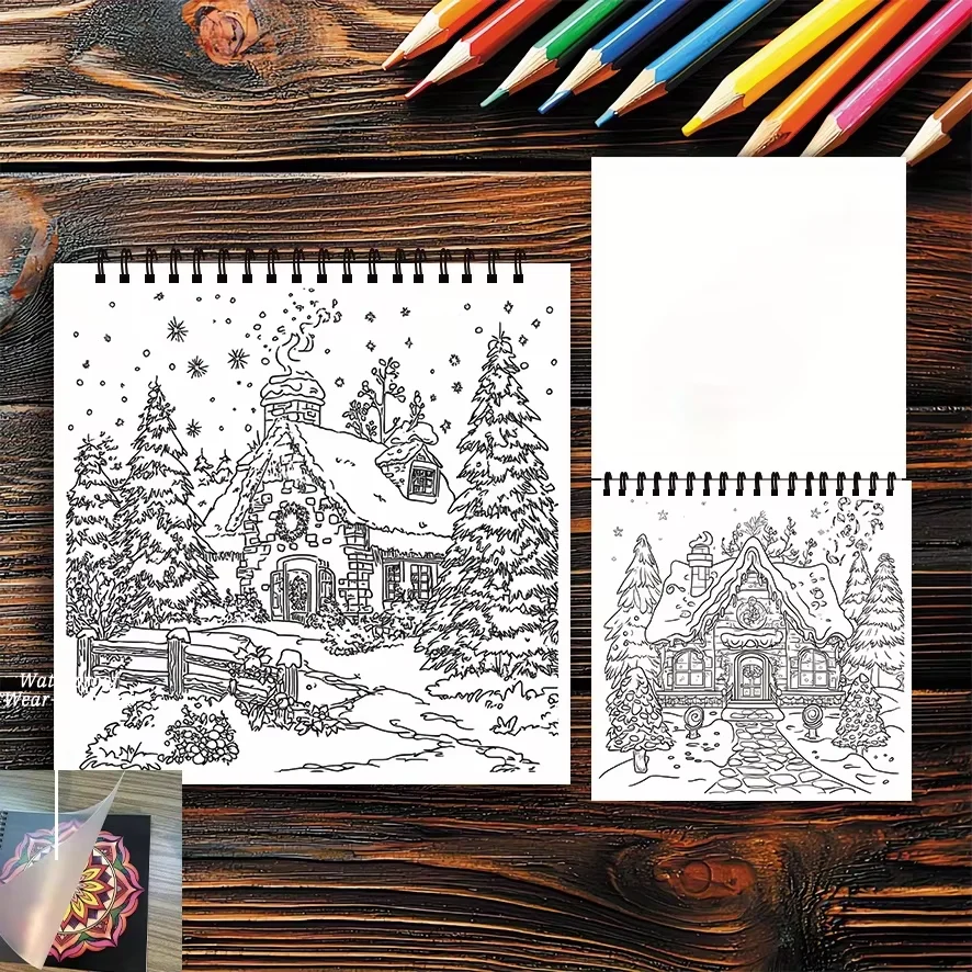 Buku Mewarnai Cozy Cottage - 8,27 x 8,27 inci 22 halaman - Hadiah ideal untuk keluarga atau teman di Natal