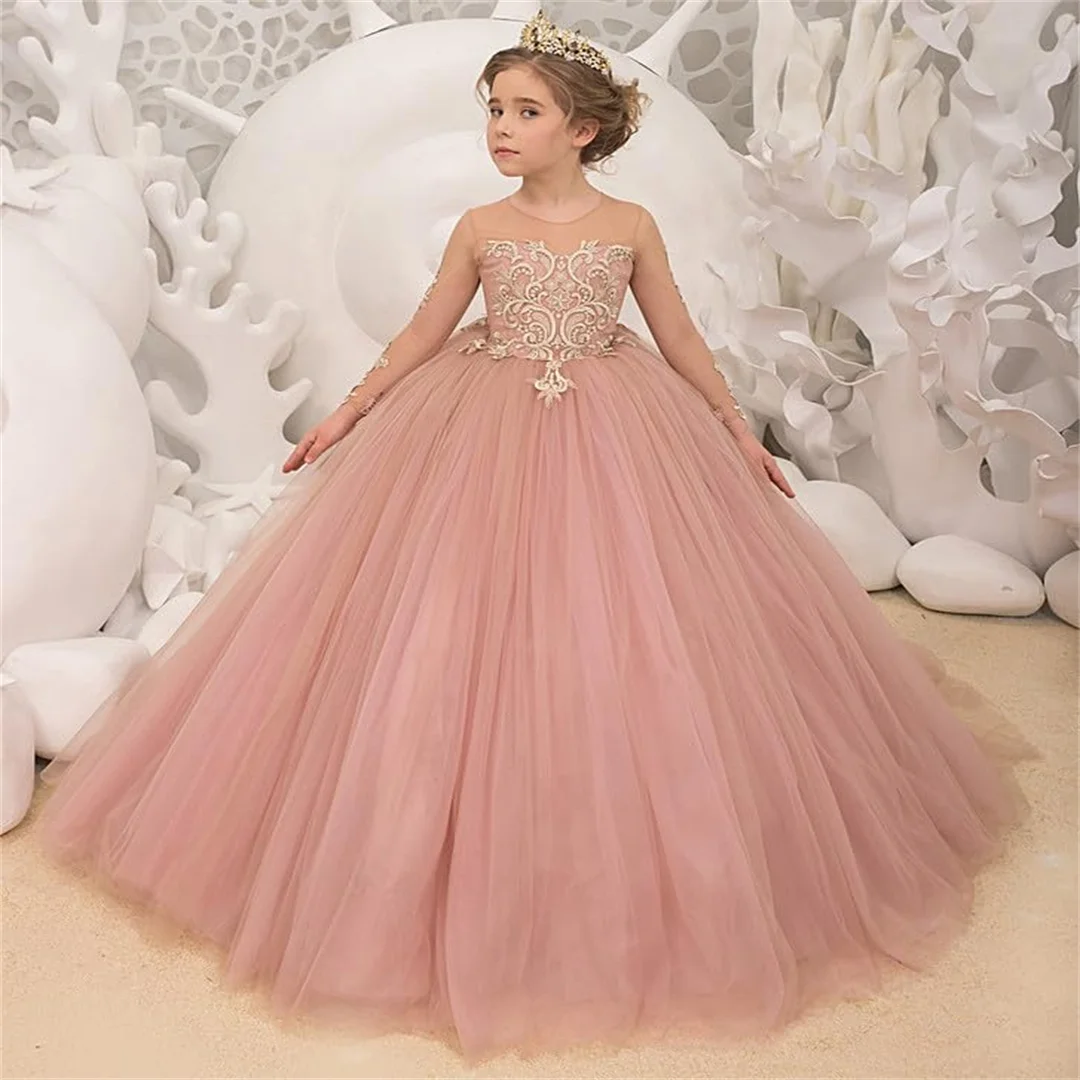 Lace Applique Girls Pageant Dress Tulle Long Sleeves Flower Girl Dress Sccop Tulle Princess Brithday Gowns Long Ball Gown Girl D