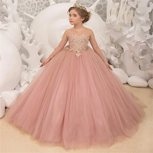 Imagen 2 del producto Apliques de encaje Vestido de desfile para niñas Tul Mangas largas Vestido de niña de flores Sccop Tul Princesa Brithday Vestidos Vestido de fiesta largo Niña D