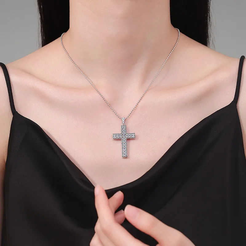 

Women's Elegant Sparkly Platinum Bead Necklace - Full-Diamond Cross Moissanite (D Color) - PT950 Jewelry for Her