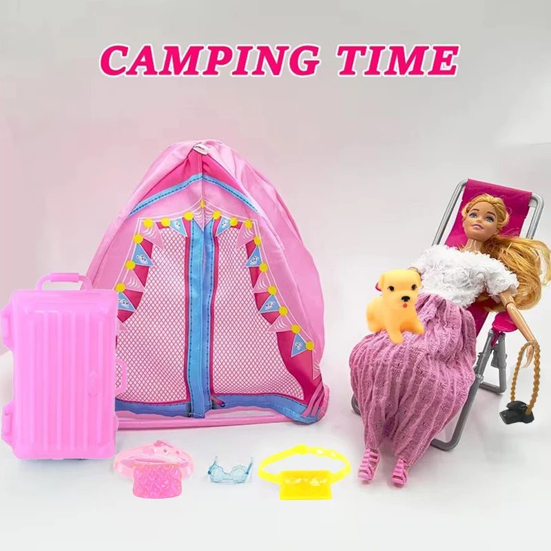 【NO DOLL】8Pcs Tent Beach Chair Travel Accessories Fashion Playhouse Fun Camping Game Doll Accessories Toys for Children Christma