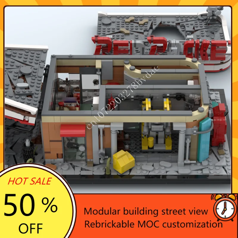 2020PCS 레드 로켓 주유소 모듈 형 MOC 크리 에이 티브 스트리트 뷰 모델 사용자 정의 퍼즐 DIY 교육 조립 모델 선물