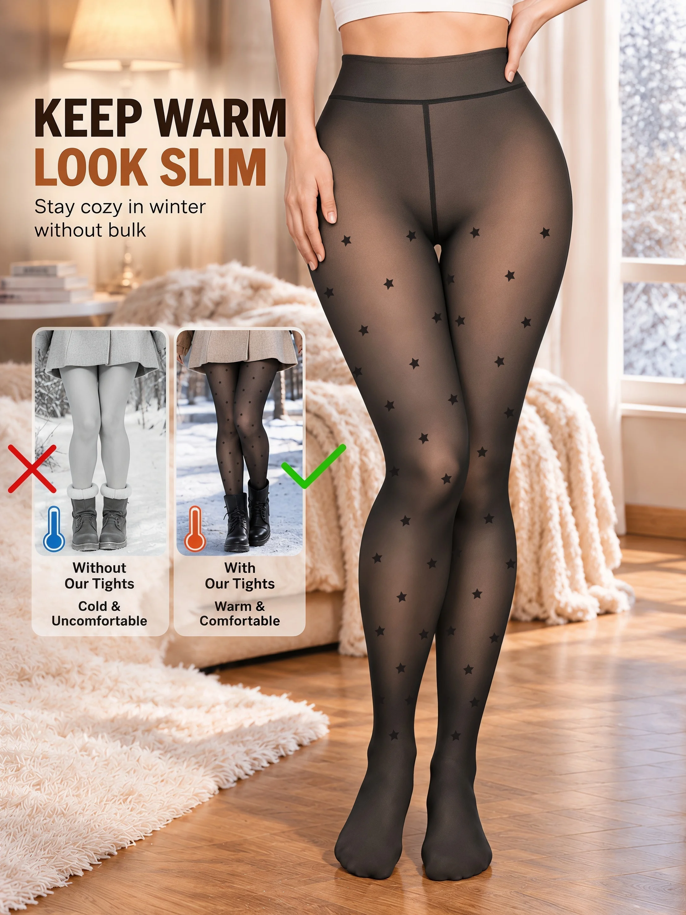 Women’s High Waist Black Star Print Fleece-Lined Leggings High Elasticity Thermal Full Foot Skin-Friendly Winter Pants