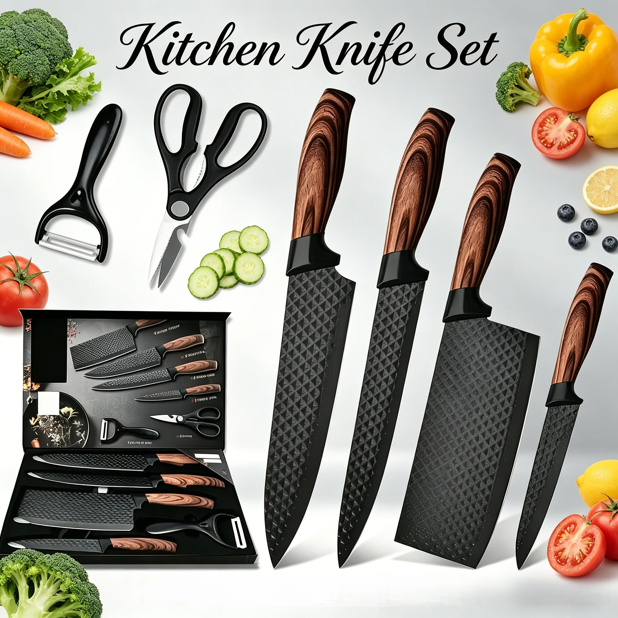 Juego de 6 cuchillos afilados de alta calidad |   Incluye cuchillo de chef, tijeras y pelador |   Artículos Esenciales para la Cocina