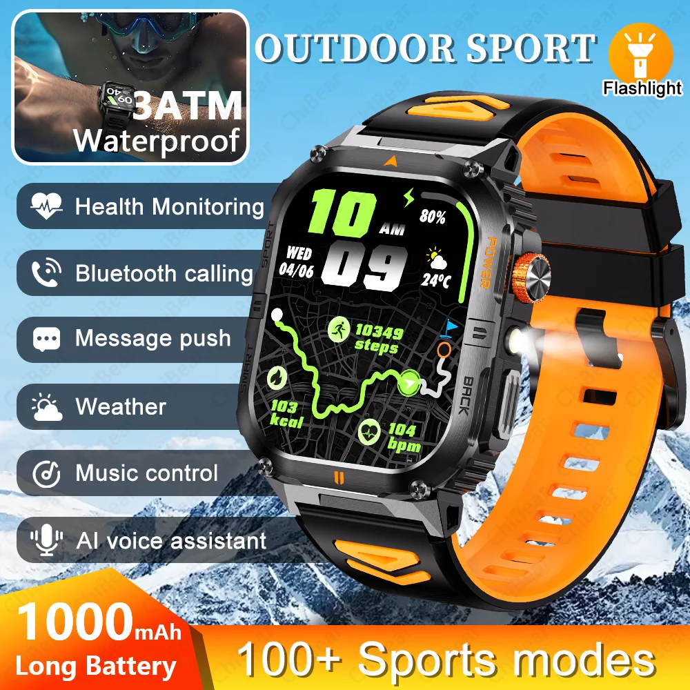 

2025 NEW Sports Smartwatch Men Women 1000mAh Long Battery Flashlight Heart Rate Waterproof BT Call Smart Watch For Android IOS