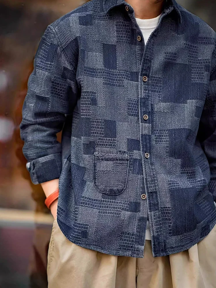 

Рабочая одежда Maden: Мужская рубашка из денима в японском ретро-стиле Boro Blue Dye, с длинным рукавом, в стиле пэчворк, из смесового хлопка и полиэстера, весенняя.