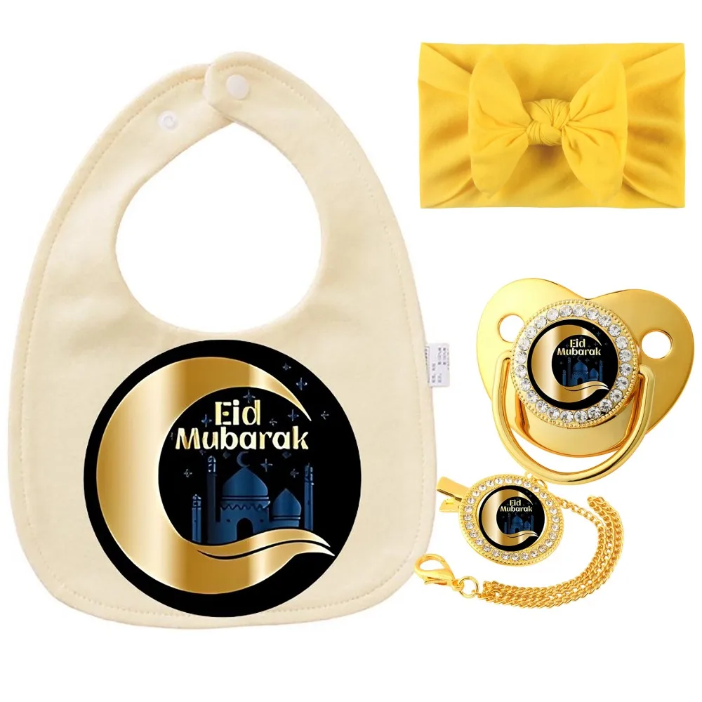 Newborn BPA Free Silicone Soothing Pacifier Set With Anti Lost Pacifier Clip Chain Muslim Religious Print Baby Bib Kawaii Bow