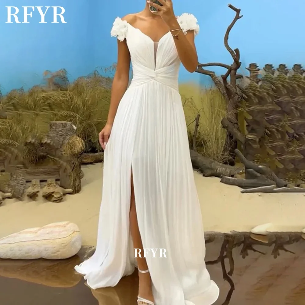 

RFYR Off Shoulder Prom Dress A Line Party Dress Pleats Chiffon High Slit Evening Dress for Women فستان سهرة Customized
