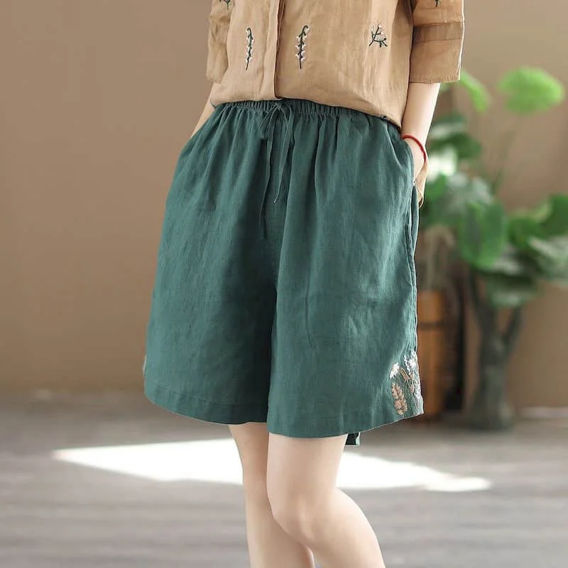 コットンリネンショーツ女性カジュアルルーズ弾性ウエスト A ラインワイドレッグショーツ夏のヴィンテージ刺繍ショートパンツ女性服
