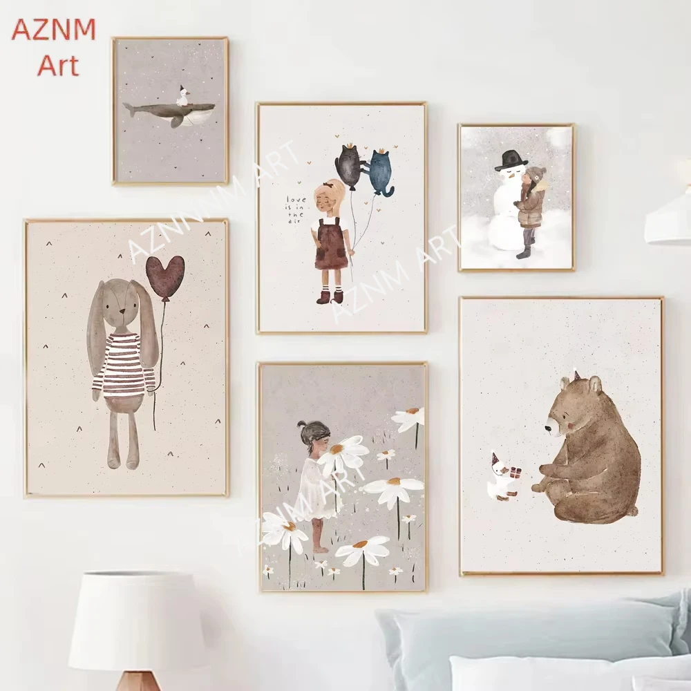 1pc Winter Böhmischen Tier Floral Poster Drucken Moderne Cartoon Kaninchen Bär Kleines Mädchen Ente Leinwand Kinderzimmer Dekor