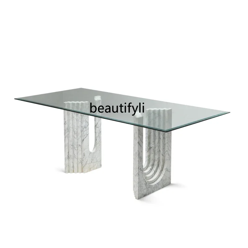 

Italian minimalist marble dining table, rectangular household simple modern tempered glass countertop