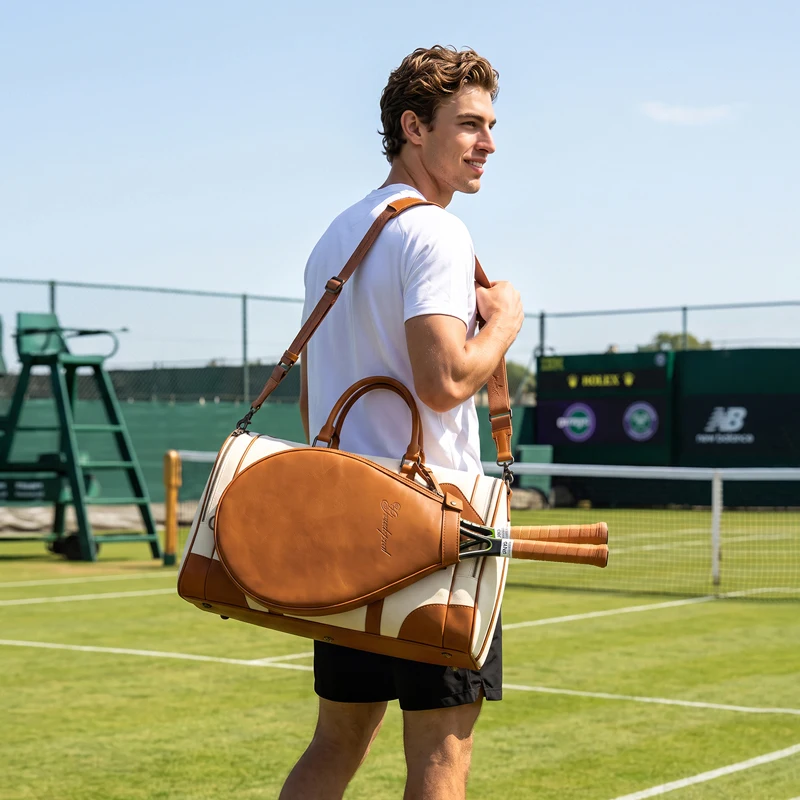 GreatSpeed Luxury Genuine Leather Canvas 2R Tennis Racquet Bag Shoe Compartment Badminton Tennis Racket Tote Bag Shoulder Bags
