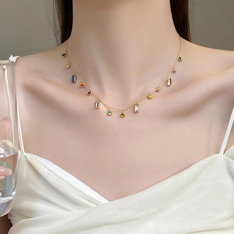 Leichter, luxuriöser Edelstahl, bunter Zirkon, Dopamin, kurze Kragenkette, 2025, farbloser Schmuck für Damen-Halsketten-Zubehör – Detail 8