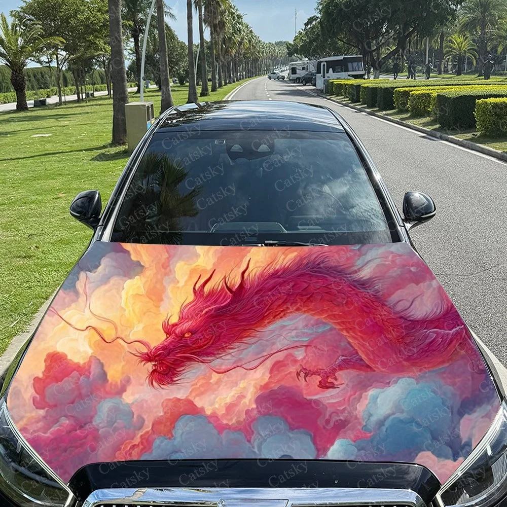 

Vibrant red dragon soaring through fiery clouds, bold artistic design for car hood, eye-catching and mythical aesthetic.Car hood
