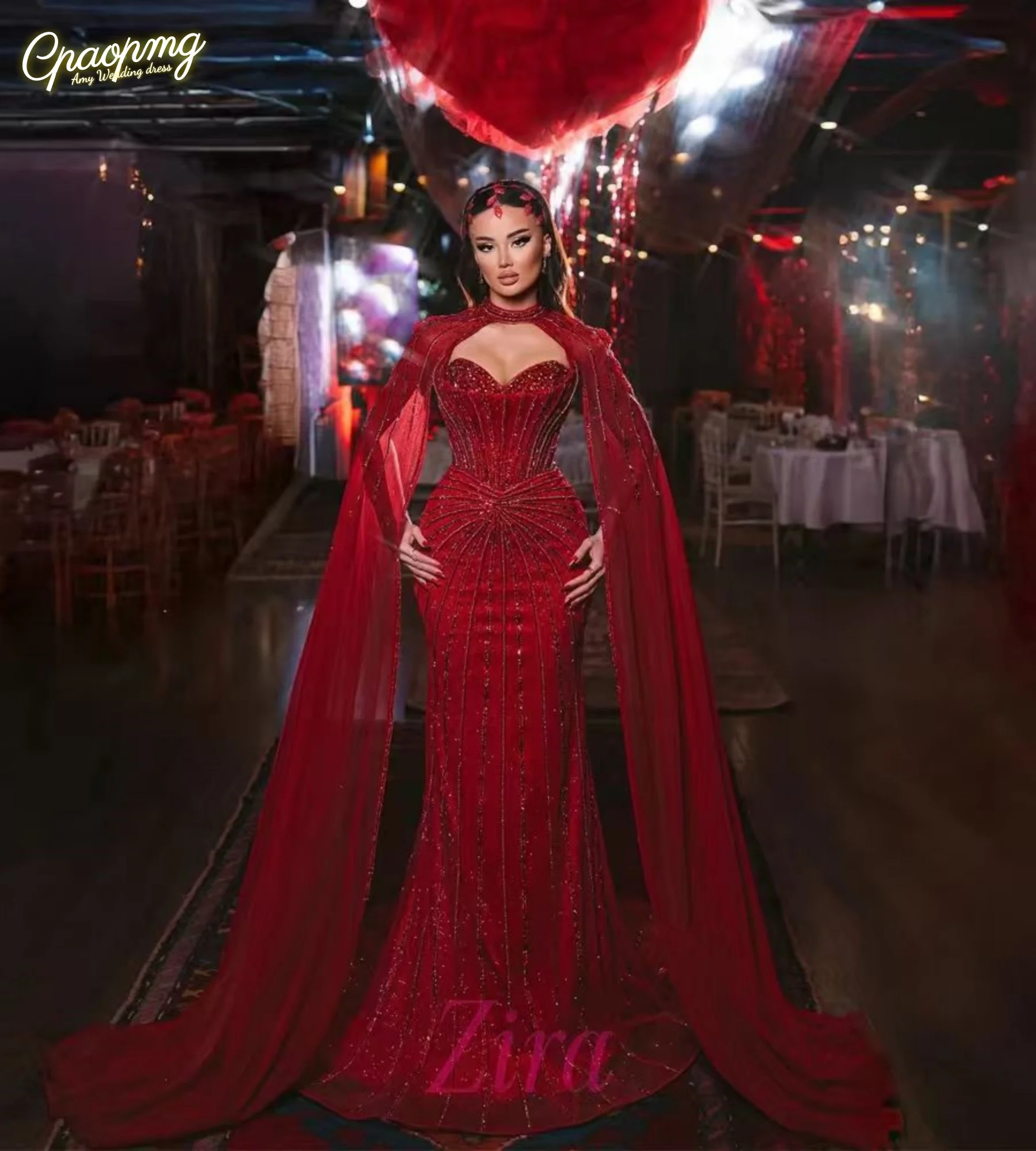

Customized New Red Luxury Beading Tassel Women's Wedding Dresses Cape Sleeves Dubai Celebrity Dress Train Mermaid Prom Gown