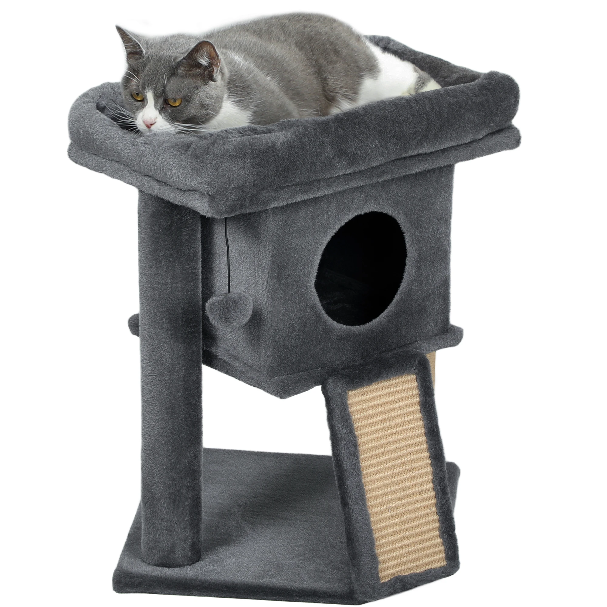 Arbre à gratter Pawhut 57 cm pour petits chats avec poteau en jute, rampe à gratter, lit et boule suspendue 40X40X57 cm Gris