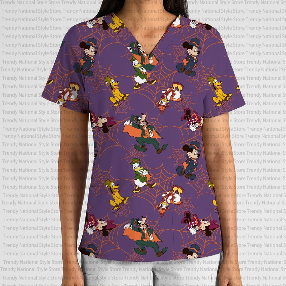 New Disney Halloween Ghost Mickey and Minnie Fashion Women's Work Uniform Scrub Top with V-Neck Pocket Hospital T-Shirt